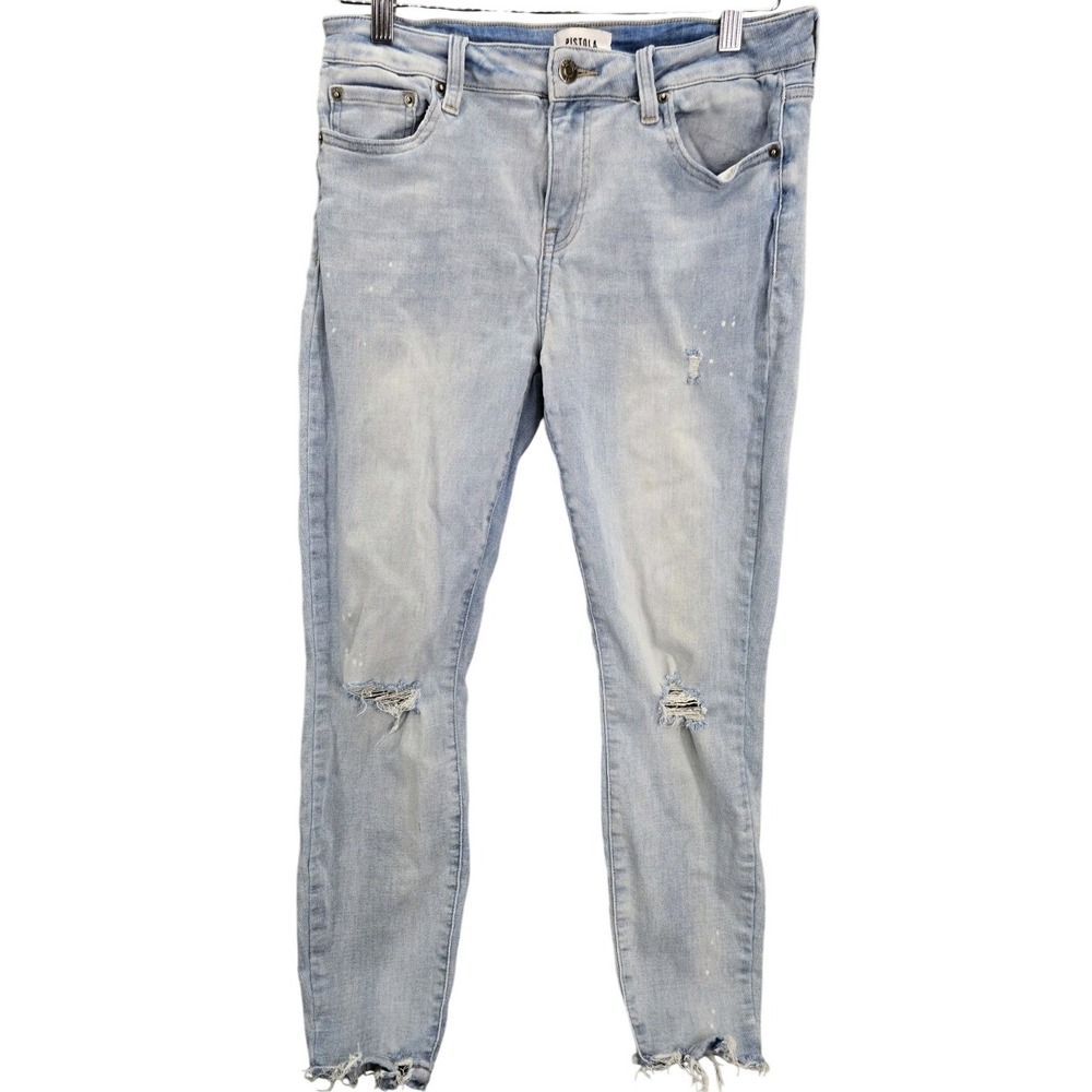 Pistola Makayla Skinny Paint Splatter Jeans 29 Light Wash Blue‎ Distressed Denim